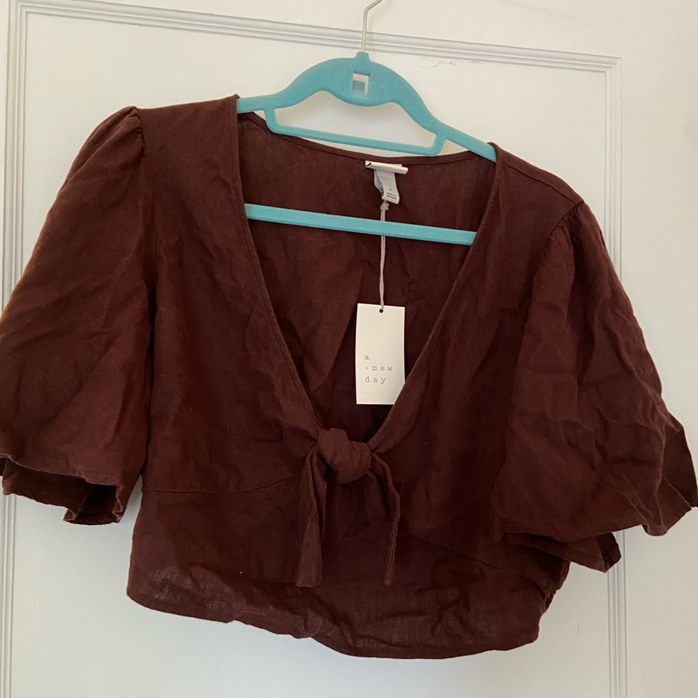 BROWN LINEN CROP TOP